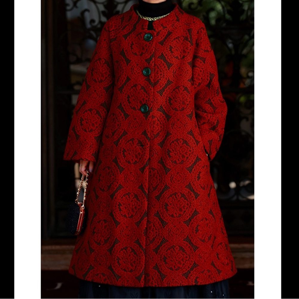 Red lace embroidered oversized A line long coat